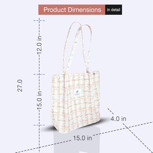 Lyrovo Women Corduroy Shoulder Tote Bag for Work Beach Travel and Shopping Grocery (Orange Checkered) - Image 4