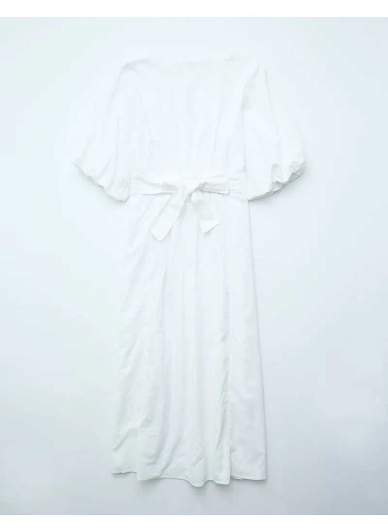 American Eagle AE Linen-Blend Puff Sleeve Tie Back Midi Dress