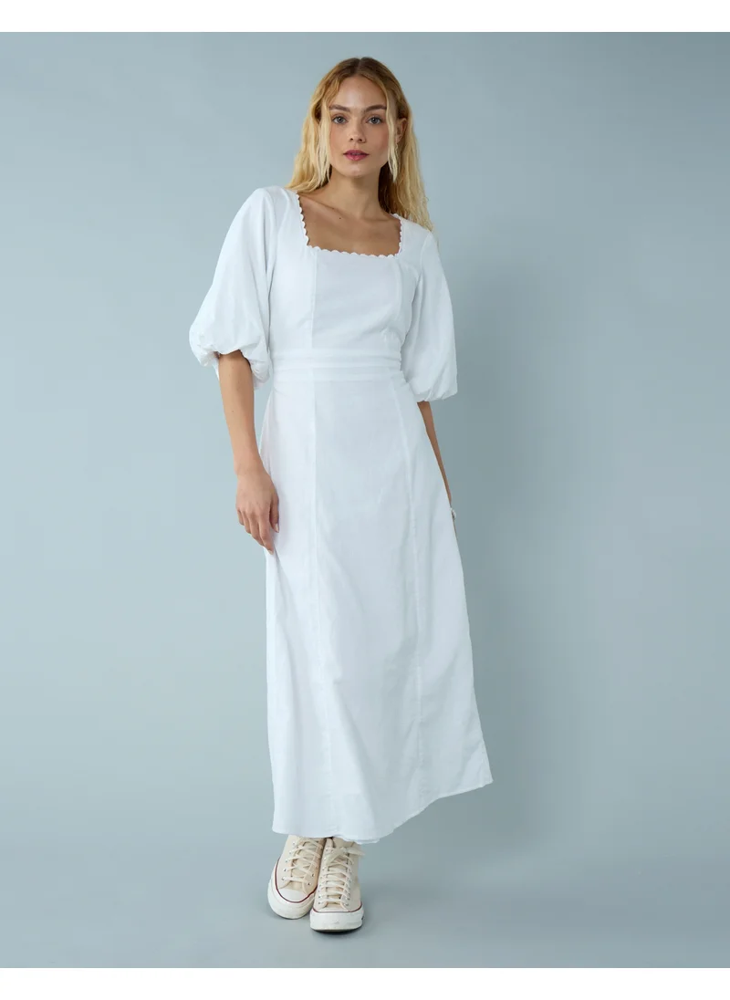 American Eagle AE Linen-Blend Puff Sleeve Tie Back Midi Dress