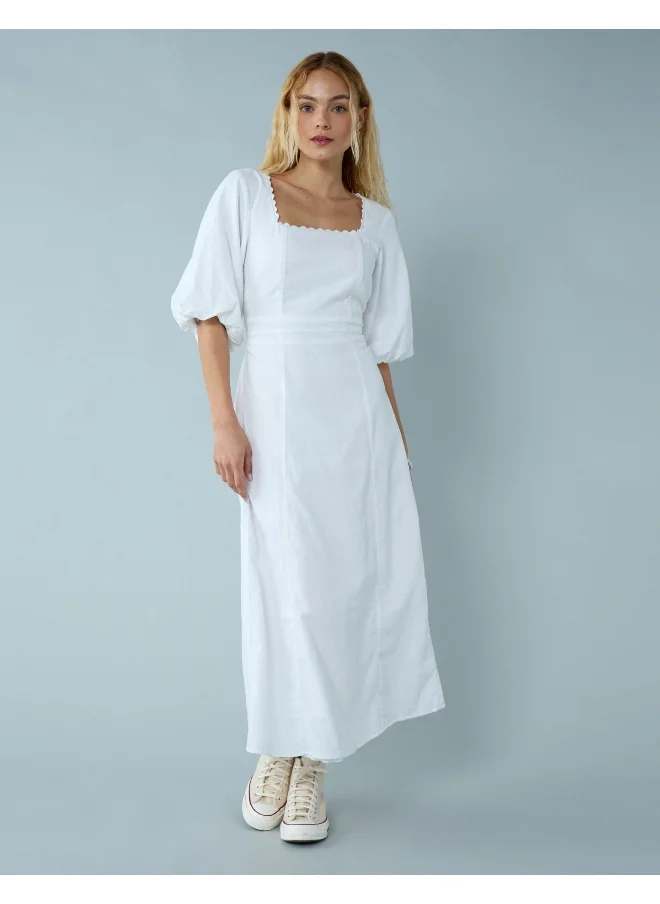 امريكان ايجل AE Linen-Blend Puff Sleeve Tie Back Midi Dress