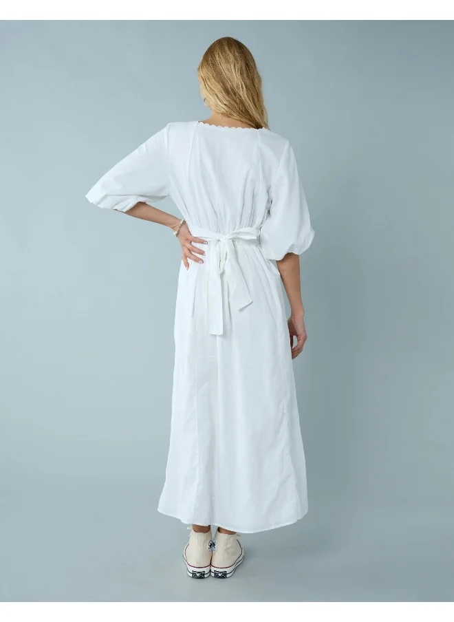 امريكان ايجل AE Linen-Blend Puff Sleeve Tie Back Midi Dress
