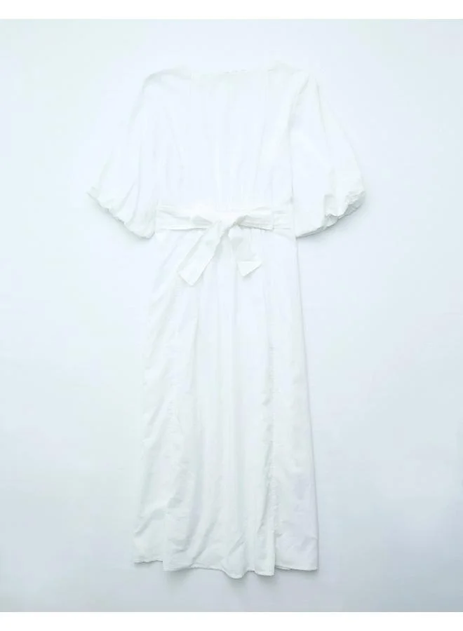 امريكان ايجل AE Linen-Blend Puff Sleeve Tie Back Midi Dress