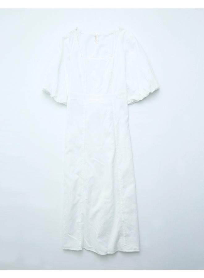 American Eagle AE Linen-Blend Puff Sleeve Tie Back Midi Dress  - Image 3