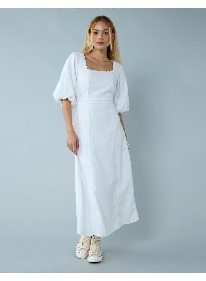 American Eagle AE Linen-Blend Puff Sleeve Tie Back Midi Dress - Image 1