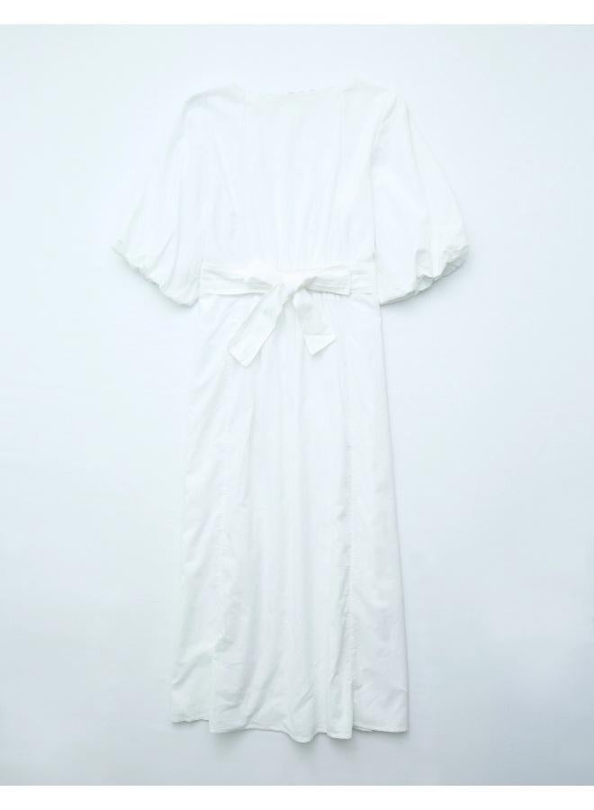 American Eagle AE Linen-Blend Puff Sleeve Tie Back Midi Dress - Image 2