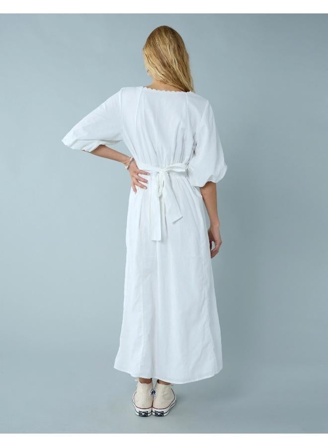 American Eagle AE Linen-Blend Puff Sleeve Tie Back Midi Dress - Image 4