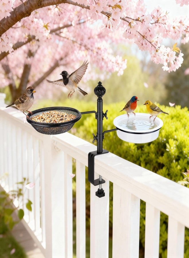 BOLITE Deck Bird Feeders with Metal Tray and Water Bowl, BOLITE Balcony Bird Feeders Detachable Adjustable Heavy Duty Clamp Bracket, Attracting Birds, Black, Gifts for Women Men - Image 2