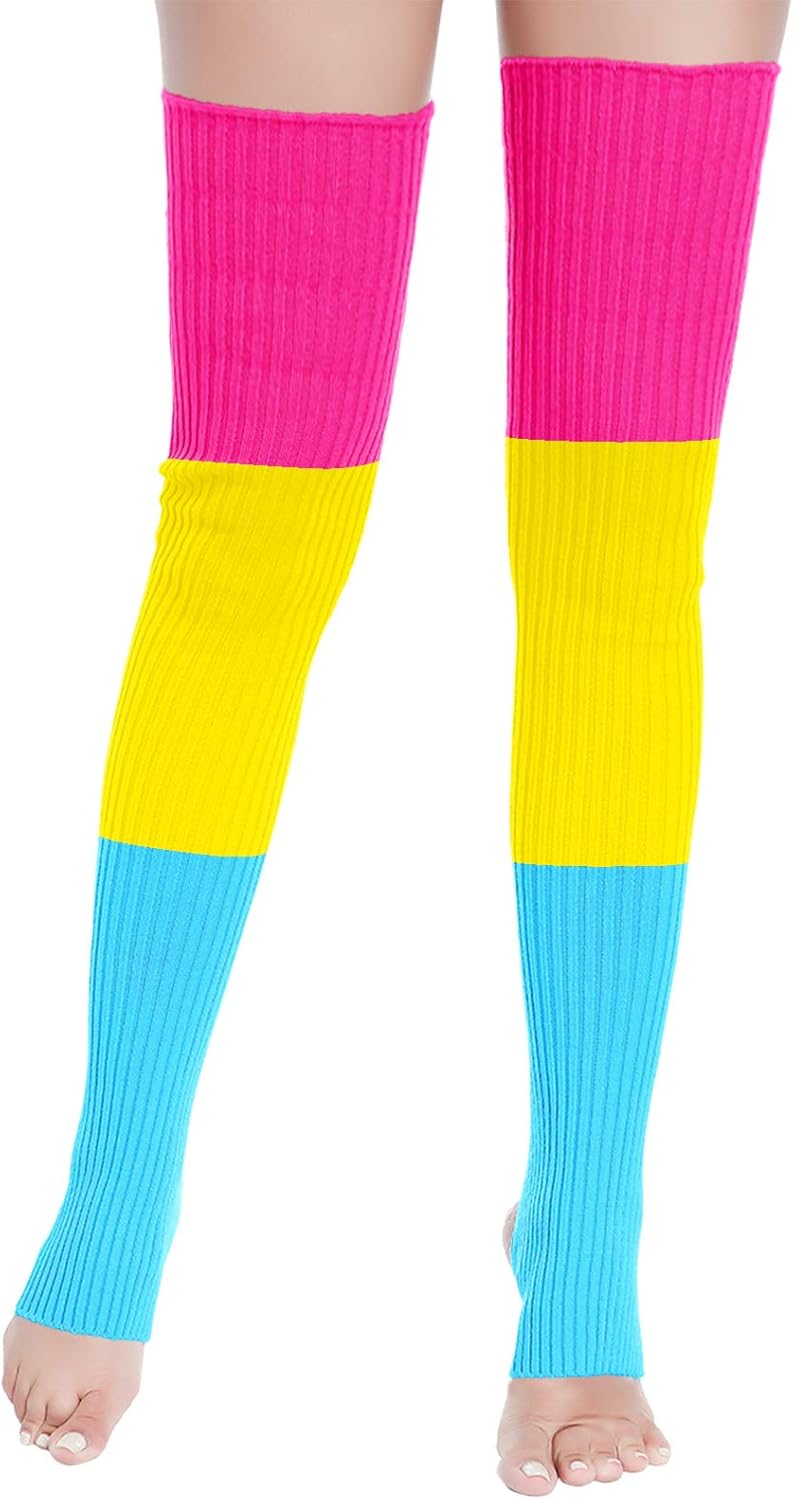 v28 Women Girls Thigh High Neon Ribbed Long 80s 90s Party Skating Leg Warmers - Image 2