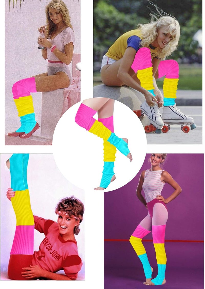 v28 Women Girls Thigh High Neon Ribbed Long 80s 90s Party Skating Leg Warmers - Image 4