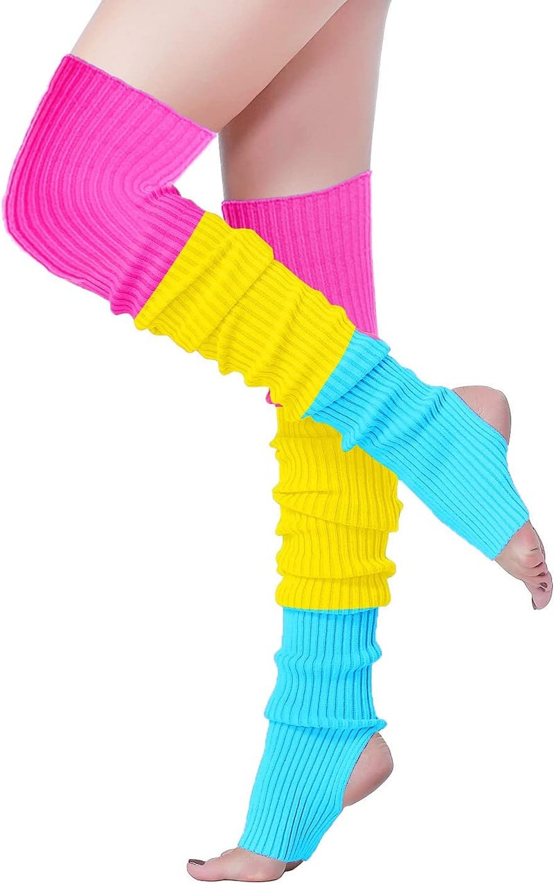 v28 Women Girls Thigh High Neon Ribbed Long 80s 90s Party Skating Leg Warmers - Image 1