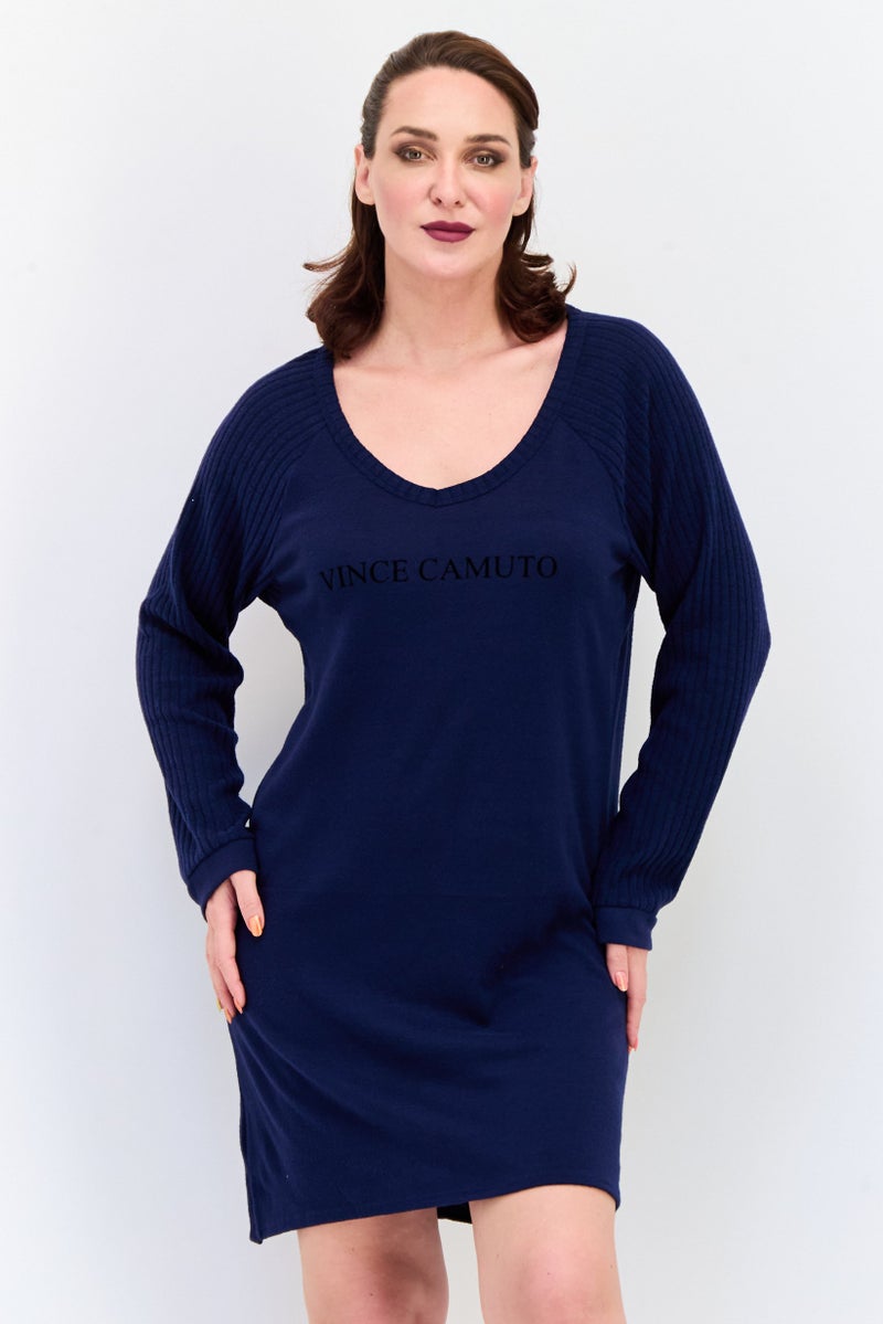 VINCE CAMUTO Women Round Neck Brand Logo Sleepwear Dress, Navy - Image 1