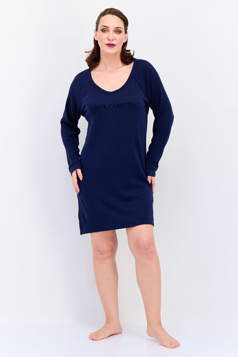 VINCE CAMUTO Women Round Neck Brand Logo Sleepwear Dress, Navy - Image 2