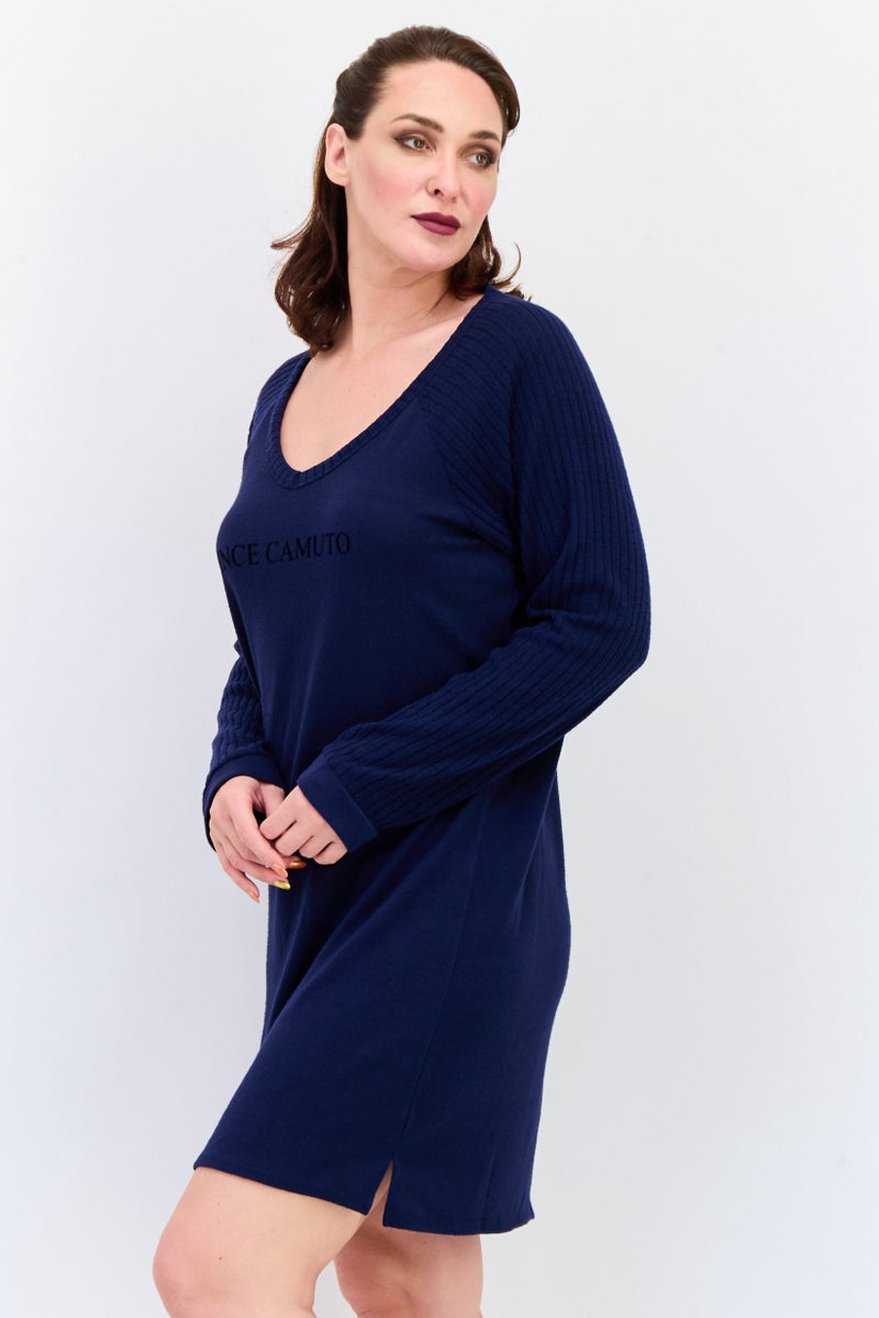 VINCE CAMUTO Women Round Neck Brand Logo Sleepwear Dress, Navy - Image 4