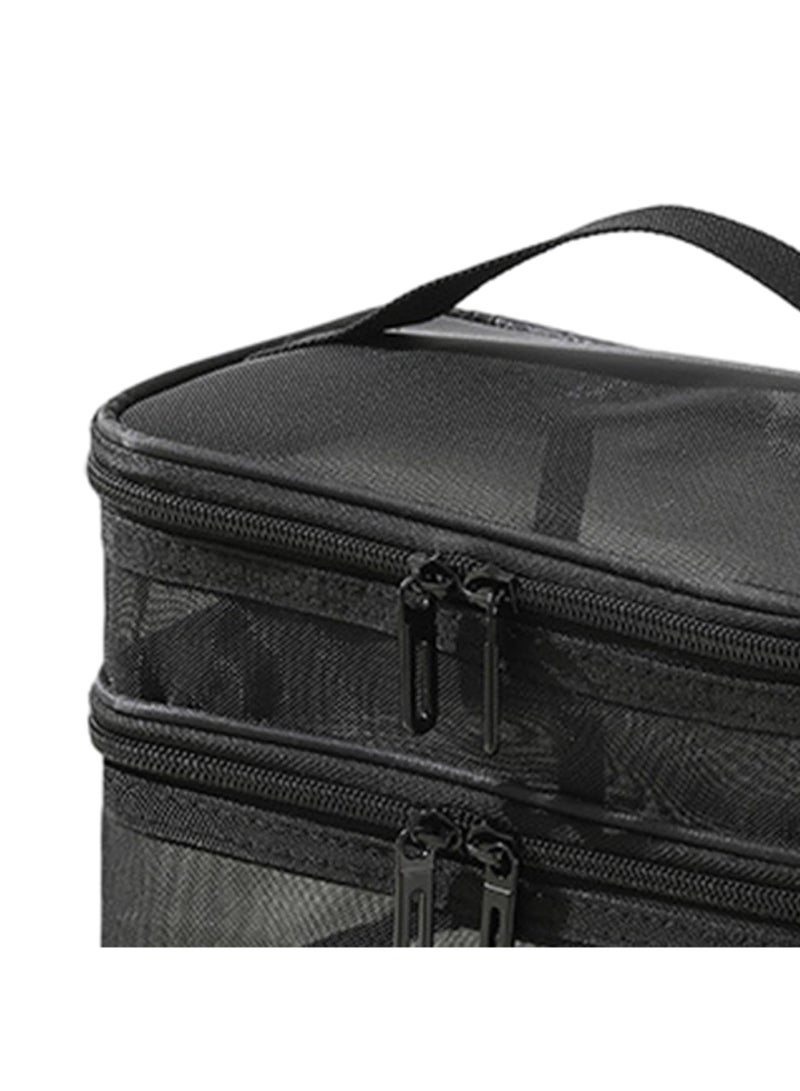 عام حقيبة أدوات الزينة ذات الطبقتين، حقيبة تخزين طلاء الأظافر مع سحاب لحمل أدوات الزينة النسائية، حقيبة مكياج لمستحضرات التجميل، باللون الأسود - Image 2