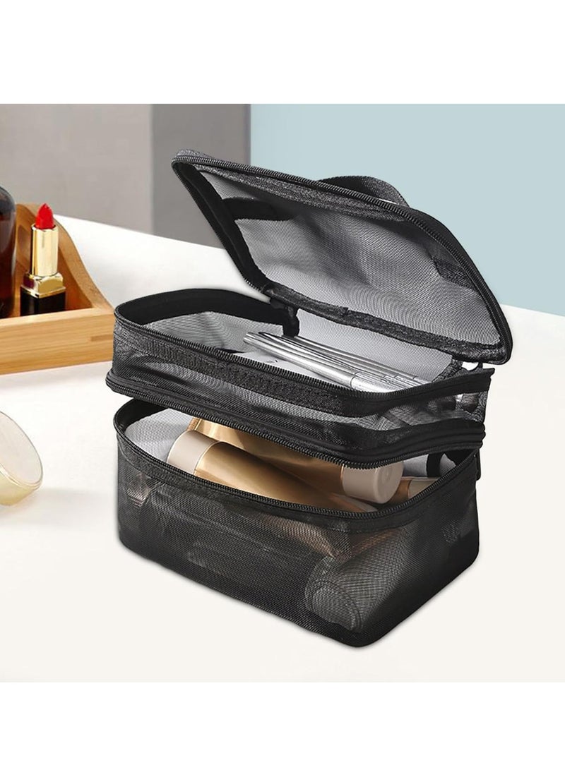 عام حقيبة أدوات الزينة ذات الطبقتين، حقيبة تخزين طلاء الأظافر مع سحاب لحمل أدوات الزينة النسائية، حقيبة مكياج لمستحضرات التجميل، باللون الأسود - Image 4