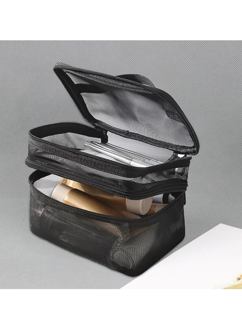 عام حقيبة أدوات الزينة ذات الطبقتين، حقيبة تخزين طلاء الأظافر مع سحاب لحمل أدوات الزينة النسائية، حقيبة مكياج لمستحضرات التجميل، باللون الأسود - Image 5