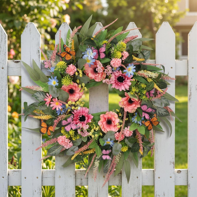 DFRREN 24 Inch Spring Wreath for Front Door Handcrafted Wreath Adorned with Eucalyptus Leaves Pink Blooms Butterfly, Year Round Wall Window Porch Home Farmhouse St Patricks Day Indoor Outdoor Decor - Image 2