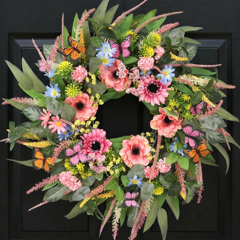 DFRREN 24 Inch Spring Wreath for Front Door Handcrafted Wreath Adorned with Eucalyptus Leaves Pink Blooms Butterfly, Year Round Wall Window Porch Home Farmhouse St Patricks Day Indoor Outdoor Decor - Image 1