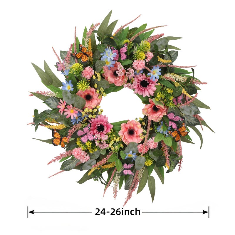 DFRREN 24 Inch Spring Wreath for Front Door Handcrafted Wreath Adorned with Eucalyptus Leaves Pink Blooms Butterfly, Year Round Wall Window Porch Home Farmhouse St Patricks Day Indoor Outdoor Decor - Image 4