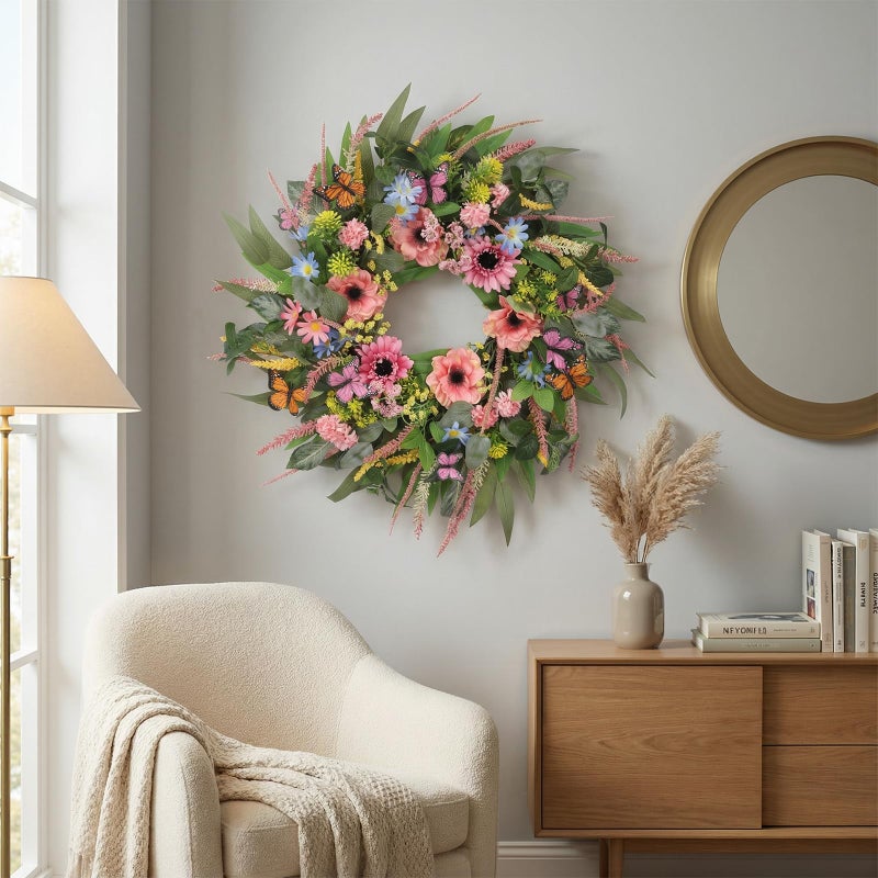 DFRREN 24 Inch Spring Wreath for Front Door Handcrafted Wreath Adorned with Eucalyptus Leaves Pink Blooms Butterfly, Year Round Wall Window Porch Home Farmhouse St Patricks Day Indoor Outdoor Decor - Image 5