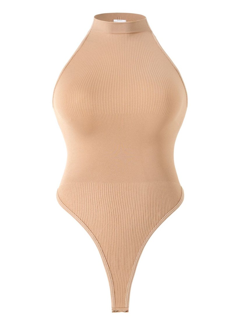 Loquat - Women's Solid Color Bodysuit Shapewear Thong Tummy Control Slimming Jumpsuit Lifting Bodysuit Beige - Image 1