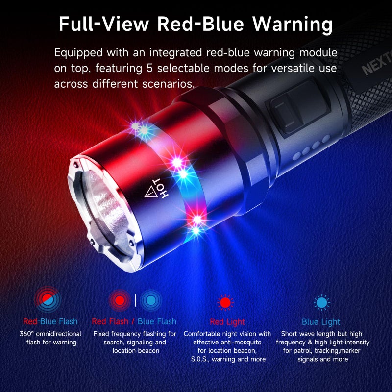 NEXTORCH P84 LED Police Flashlight, 3700 High Lumens Rechargeable Flashlight with Red and Blue Lights & Strobe & Ceramic Bead Broken Window for Night Duty, Outdoor Adventure, Daily Use - Image 5