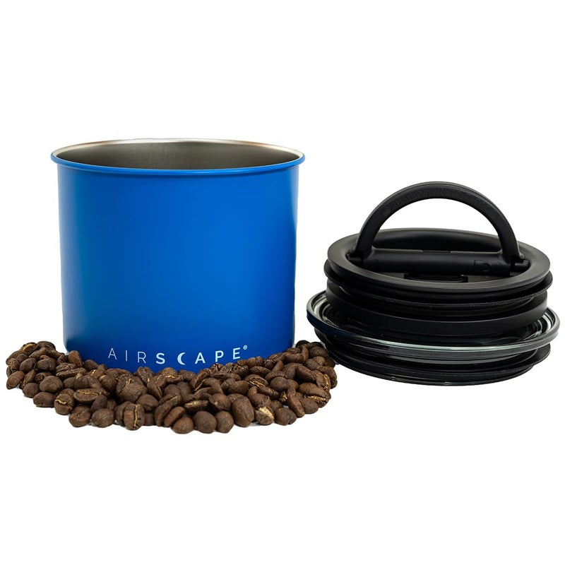 Planetary Design Airscape Stainless Steel Coffee Canister  Food Storage Container  US Patented Airtight Lid  Push Out Excess Air Preserve Food Freshness Small Matte Blue