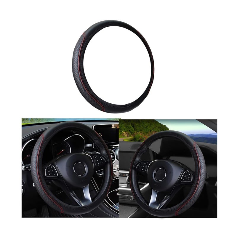 Leather Car Steering Wheel Cover Elastic Breathable AntiSlip Universal 15 inch Steering Wheel Cover for Men Women BlackRed