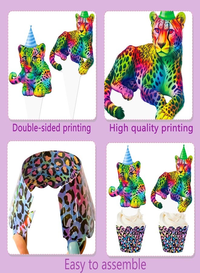 umoni Neon Cheetah Cupcake Toppers and Wrappers 48 Pieces Neon Leopard Birthday Party Cake Decorations Rainbow Cheetah Print Cupcake Picks Wrappers for Wild Leopard Party Supplies - Image 4