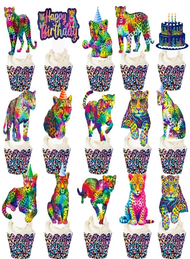 umoni Neon Cheetah Cupcake Toppers and Wrappers 48 Pieces Neon Leopard Birthday Party Cake Decorations Rainbow Cheetah Print Cupcake Picks Wrappers for Wild Leopard Party Supplies - Image 1