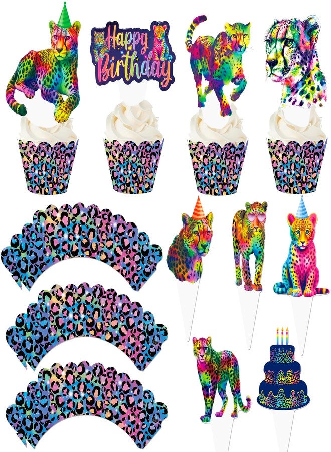 umoni Neon Cheetah Cupcake Toppers and Wrappers 48 Pieces Neon Leopard Birthday Party Cake Decorations Rainbow Cheetah Print Cupcake Picks Wrappers for Wild Leopard Party Supplies - Image 2