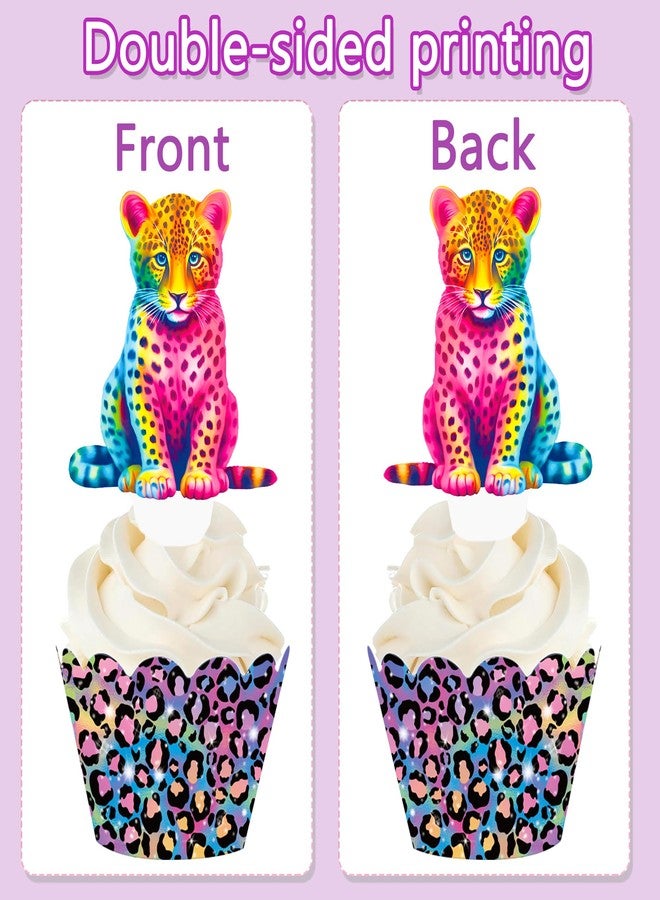 umoni Neon Cheetah Cupcake Toppers and Wrappers 48 Pieces Neon Leopard Birthday Party Cake Decorations Rainbow Cheetah Print Cupcake Picks Wrappers for Wild Leopard Party Supplies - Image 3