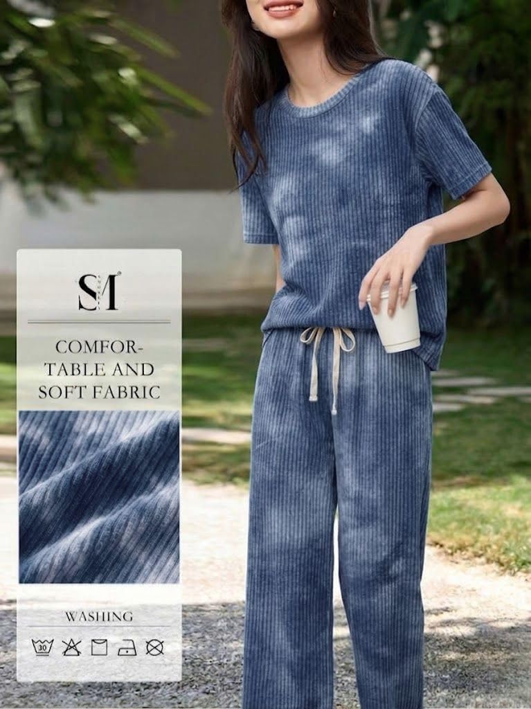 SMOWKLY Women’s Tie-Dye Pajama Set | Relaxed Fit Short Sleeve Top & Long Pants Sleepwear | Soft & Comfy Lounge Wear Set with Pockets Winter wear for Women | Trendy Korean Co-ord Set (1682_BL_XL) Blue - Image 4