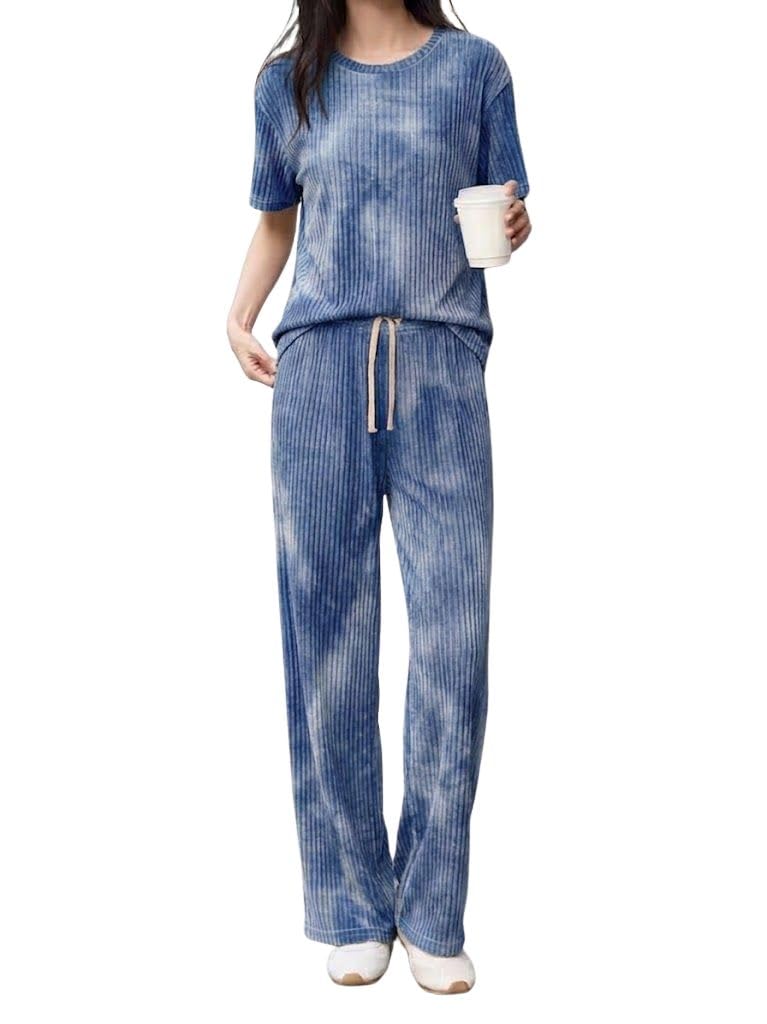 SMOWKLY Women’s Tie-Dye Pajama Set | Relaxed Fit Short Sleeve Top & Long Pants Sleepwear | Soft & Comfy Lounge Wear Set with Pockets Winter wear for Women | Trendy Korean Co-ord Set (1682_BL_XL) Blue - Image 1