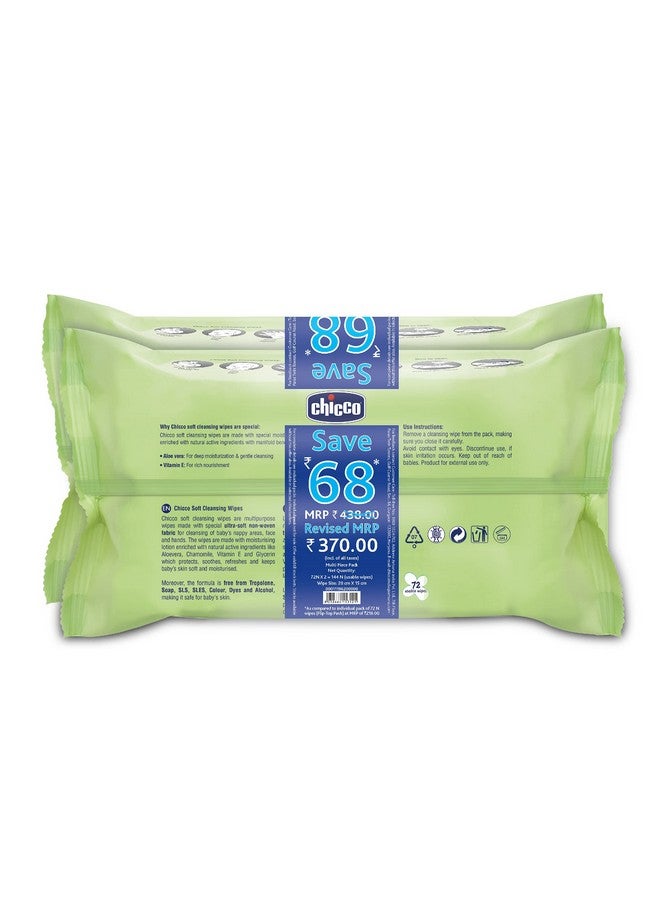 Chicco Baby Moments Soft Cleansing Baby Wipes, Ideal For Nappy, Face And Hand, Dermatologically Tested, Paraben Free, Fliptop Pack (Pack Of 2, 72 Sheets Per Pack), White  - Image 2