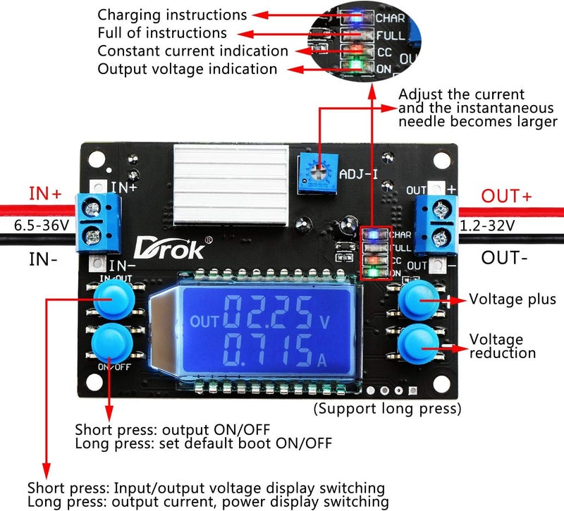 DROK Buck Converter 12v to 5v, Voltage Regulator Board DC 6.5-36V 24v Step Down to DC 1.2V-32V 12 v Volt Transformer Reducer 4.5A 75W CC CV Power Supply Module - Image 2