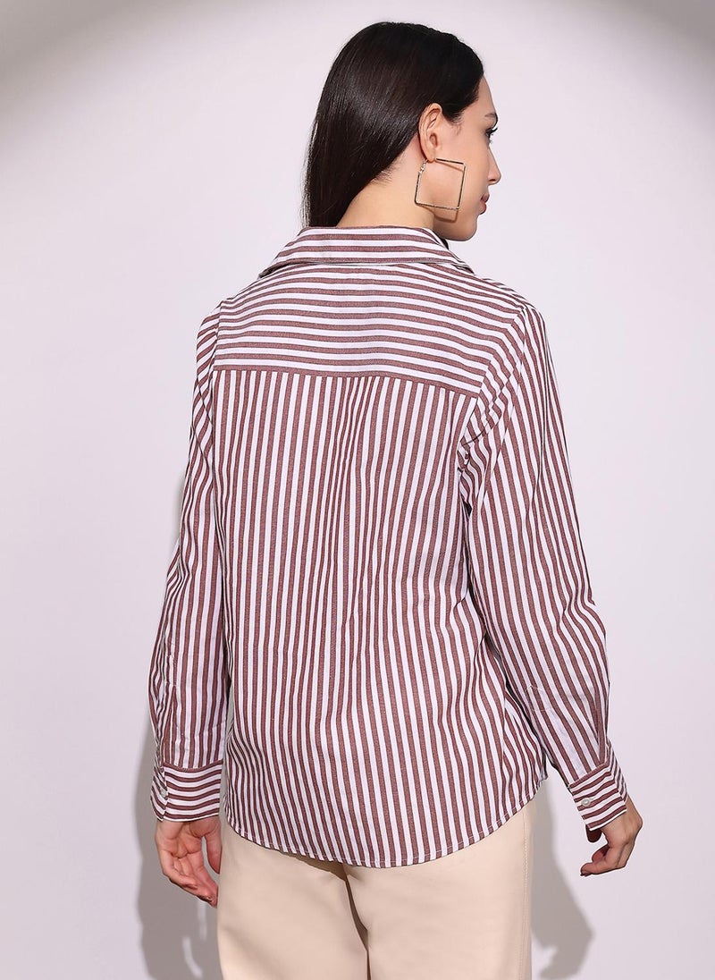 جلو باص قميص نسائي جلوبس بني مخطط بياقة وأكمام بأزرار مقاس كبير - Image 4