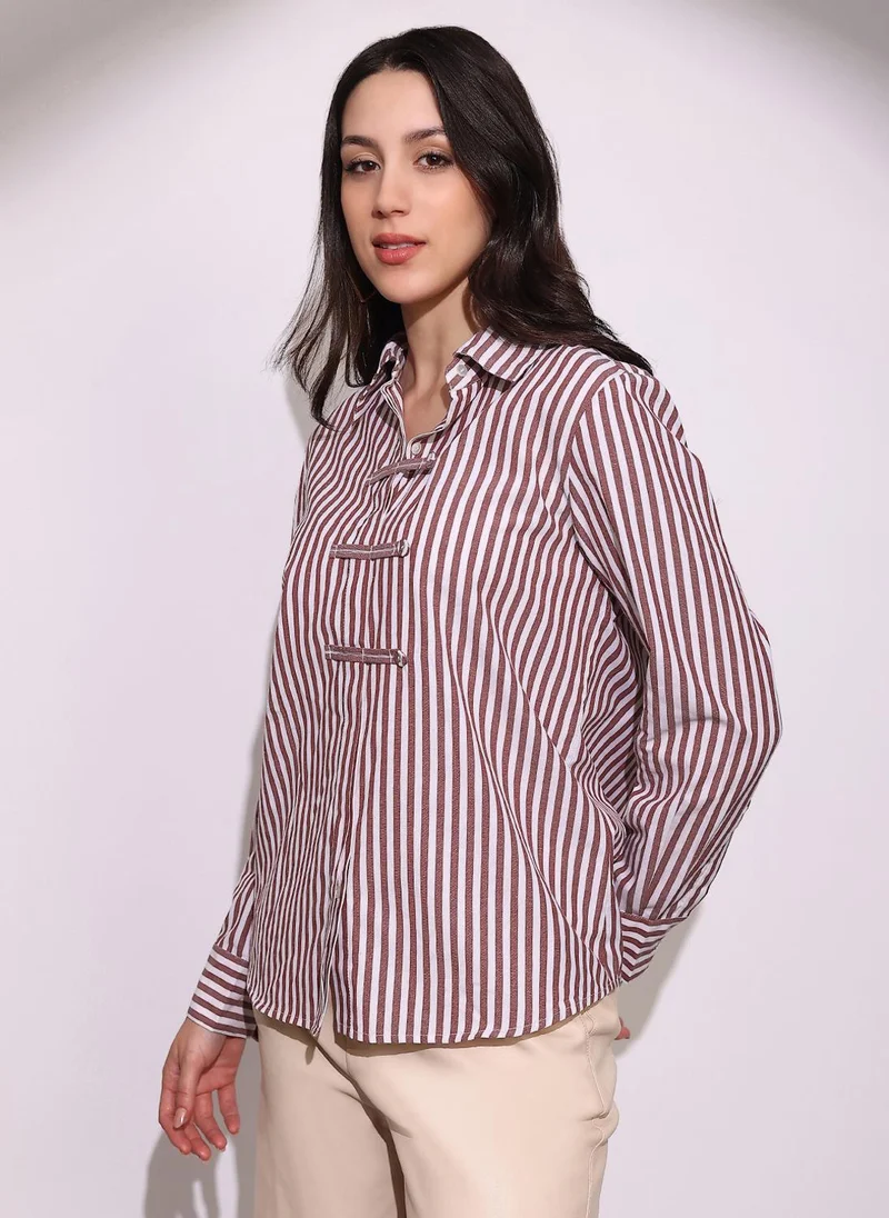 globus Globus Women Brown Striped Collared Neck Cuffed Sleeves Chinese Tab Oversized Workwear Shirt