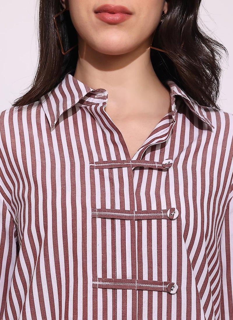 Globus Women's Brown Formal Shirt with Vertical Stripes and Spread Collar - Image 5