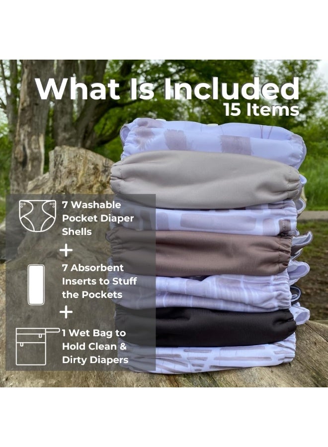 Nora's Nursery Cloth Diapers 7 Pack with 7 Inserts & 1 Wet Bag - Waterproof Cover, Washable, Reusable & One Size Adjustable Pocket Diapers for Newborns and Toddlers - Earthy Boho - Image 2