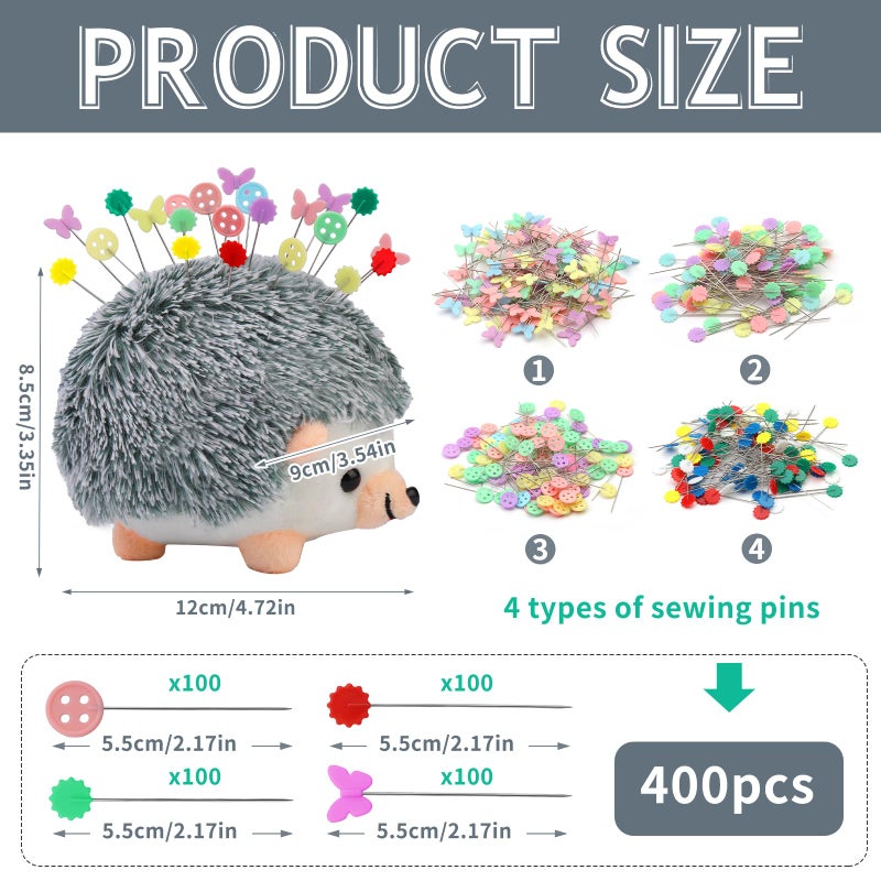 Fteven 400 Pieces Flat Head Straight Pins Hedgehog Pincushion Kit, Cute Pincushion with Clear Storage Box and Quilting Pins, Colorful Head Straight Sewing Pins for Handicrafts DIY Sewing - Image 4