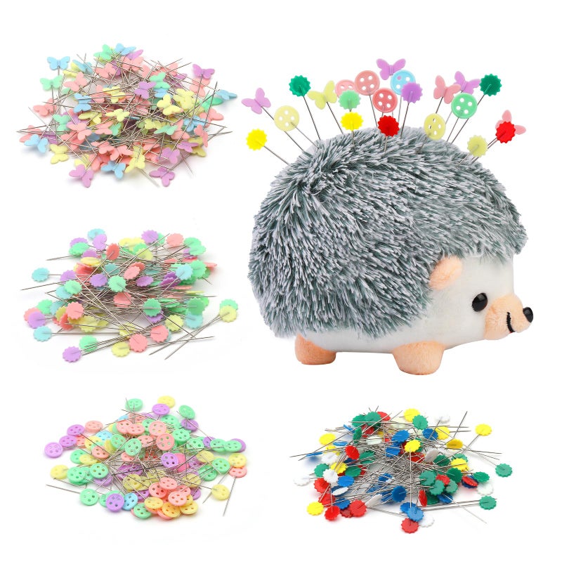 Fteven 400 Pieces Flat Head Straight Pins Hedgehog Pincushion Kit, Cute Pincushion with Clear Storage Box and Quilting Pins, Colorful Head Straight Sewing Pins for Handicrafts DIY Sewing - Image 1