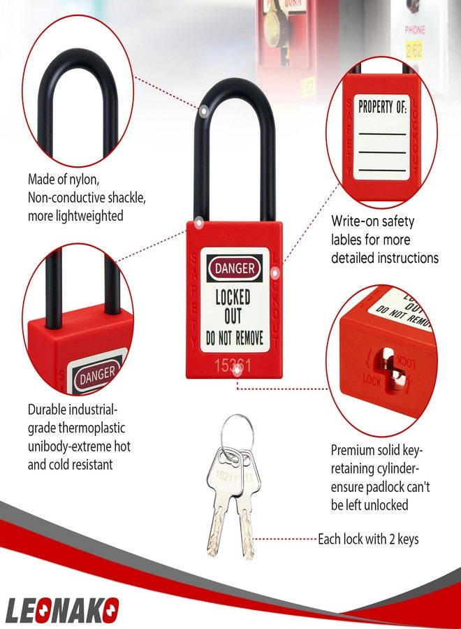 LEONAKO مجموعة أقفال LEONAKO Lockout Tagout، 5 أقفال أمان حمراء بمفاتيح مختلفة، سلسلة من النايلون، مفتاحان لكل قفل، متوافقة مع معايير السلامة والصحة المهنية (OSHA)، لمحطات وأجهزة Tag Out - Image 2