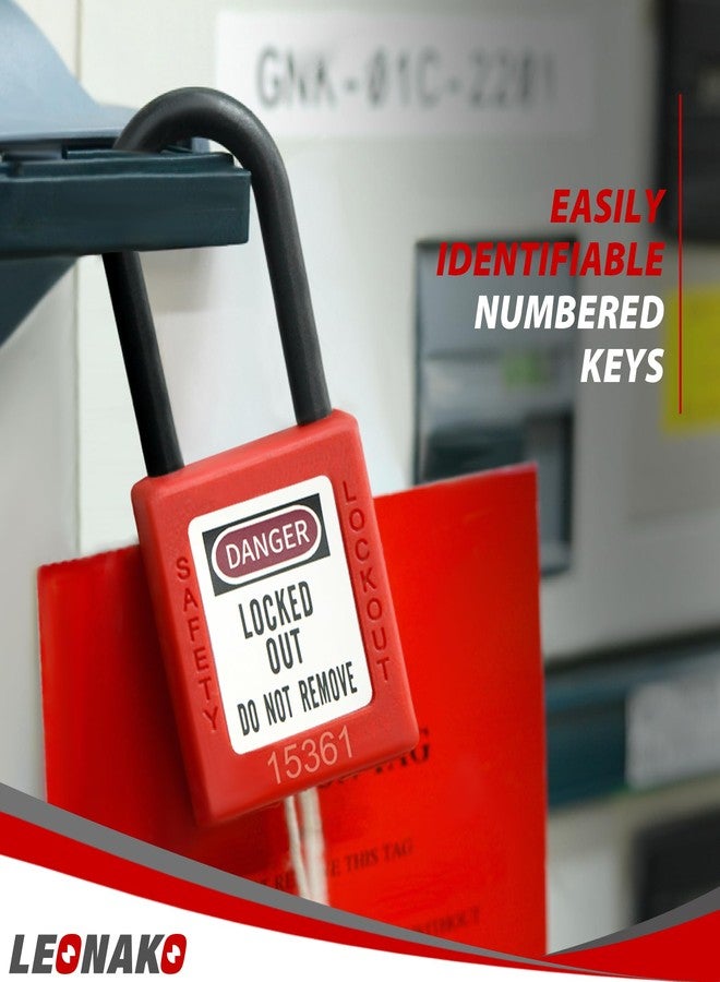 LEONAKO مجموعة أقفال LEONAKO Lockout Tagout، 5 أقفال أمان حمراء بمفاتيح مختلفة، سلسلة من النايلون، مفتاحان لكل قفل، متوافقة مع معايير السلامة والصحة المهنية (OSHA)، لمحطات وأجهزة Tag Out - Image 4