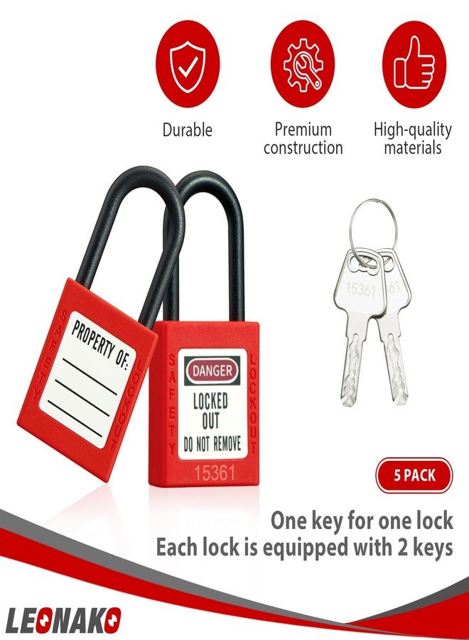 LEONAKO مجموعة أقفال LEONAKO Lockout Tagout، 5 أقفال أمان حمراء بمفاتيح مختلفة، سلسلة من النايلون، مفتاحان لكل قفل، متوافقة مع معايير السلامة والصحة المهنية (OSHA)، لمحطات وأجهزة Tag Out - Image 3