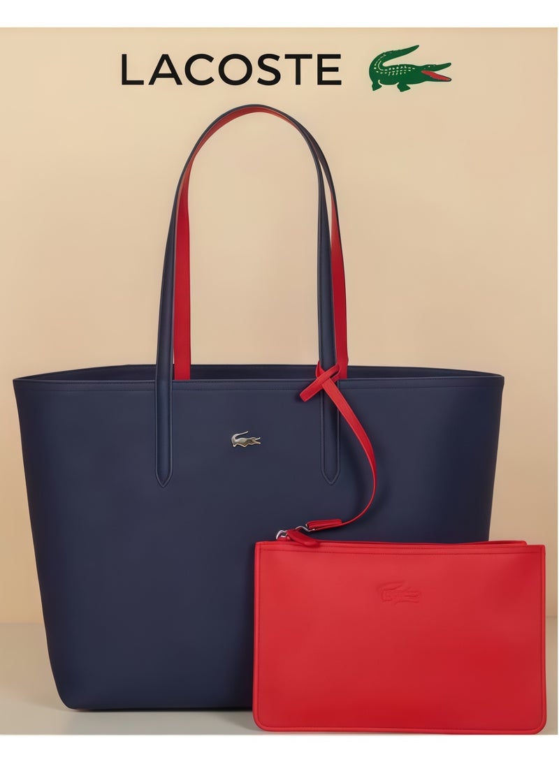 لاكوست حقيبة يد ذات وجهين ذات نغمتين كبيرة السعة، أنيقة متعددة الوظائف، زرقاء اللون وأحمر اللون - Image 1