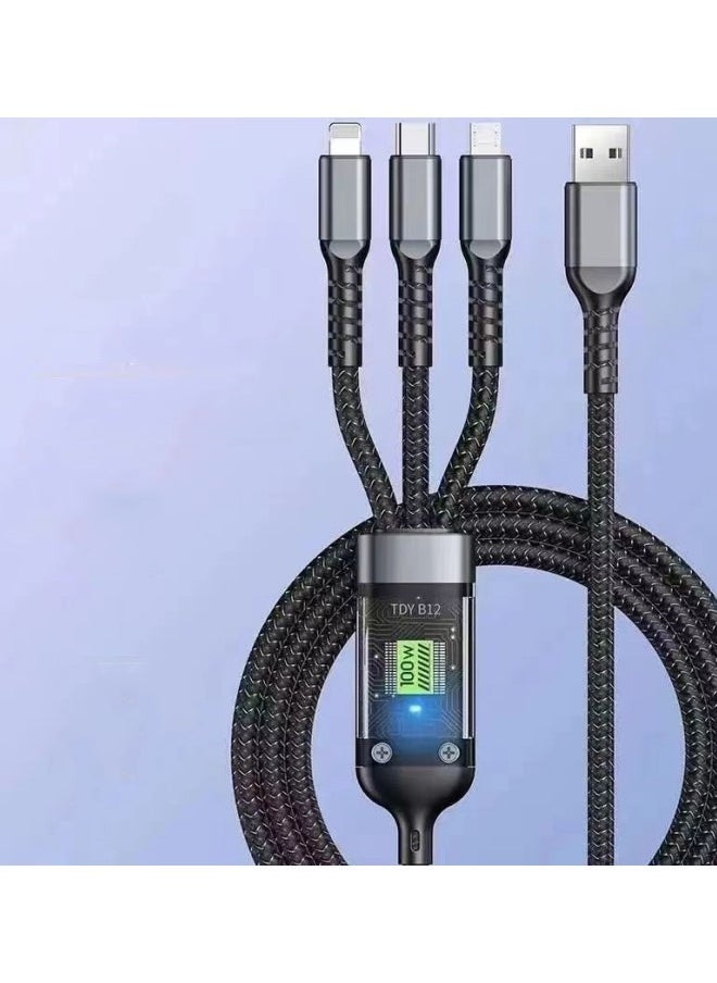 3-in-1 Super Fast Charging Data Cable – Type-C, Micro-USB, and Lightning Connectors Black