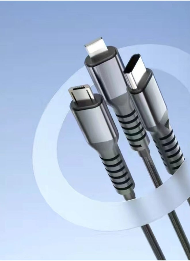 3-in-1 Super Fast Charging Data Cable – Type-C, Micro-USB, and Lightning Connectors Black