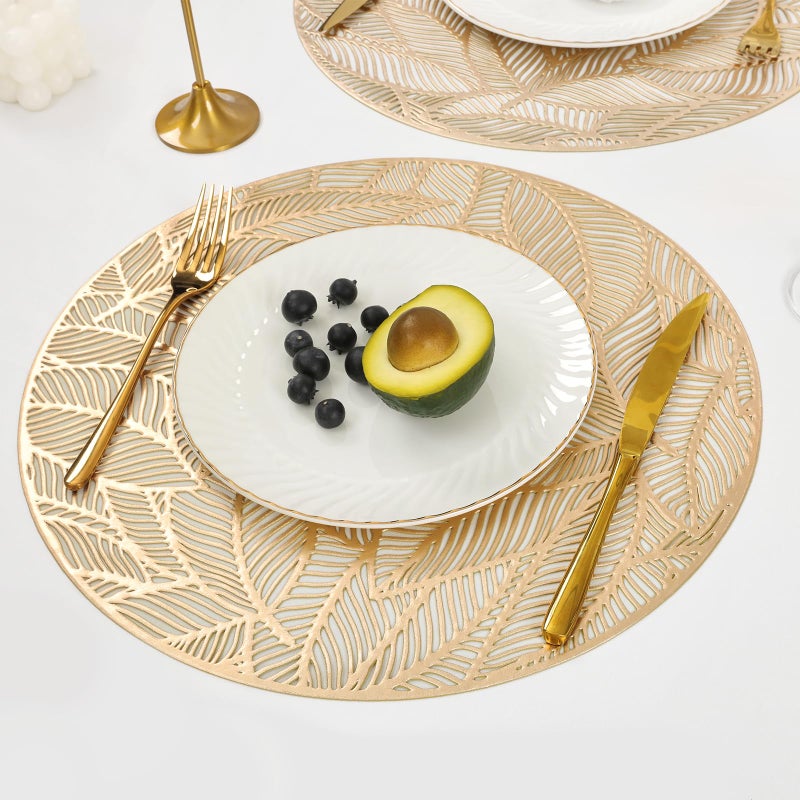 U'Artlines Octagonal Placemats Hollow Out Mats Vinyl Non-Slip Heat Insulation Kitchen Table Mats(Octagonal Gold, 6pcs) - Image 1