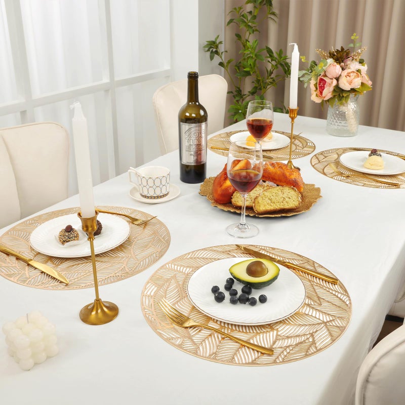 U'Artlines Octagonal Placemats Hollow Out Mats Vinyl Non-Slip Heat Insulation Kitchen Table Mats(Octagonal Gold, 6pcs) - Image 2